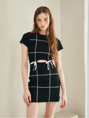 Darich 스티치 리본 리브 미니 원피스 블랙 Free-L