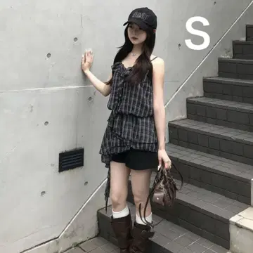 블랙 체크 프릴 아지메 미니 원피스 S 튜닉 블랙 emmy