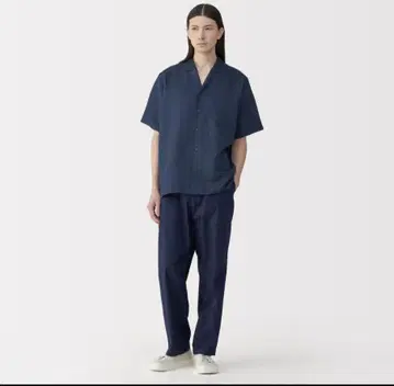MUJILabo 린넨 실크 오픈 카라 반팔 셔츠