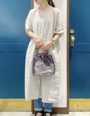 사만사 모스모스 린넨 7부 소매 프론트 오픈 린넨 원피스