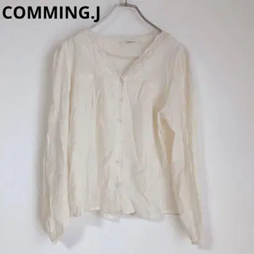 COMMING.J 긴팔 블라우스 V넥 비침 레이스 크림