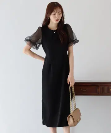시스루 반팔 롱 원피스 블랙