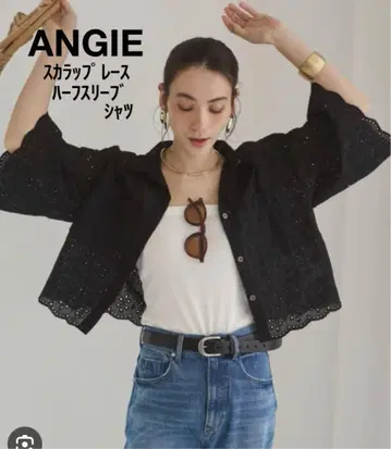 [새상품] ANGIE 스캘럽 레이스 하프 슬리브 셔츠 블랙