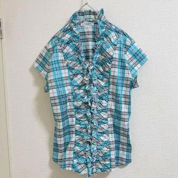나라 까미체 블라우스 체크 블루 프릴 귀여운 상의