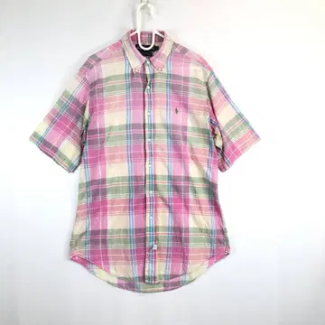 90s 랄프 로렌 반팔 버튼 다운 셔츠 M 거즈 코튼 체크 무늬