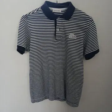 LACOSTE 네이비 & 화이트 스트라이프 피케 셔츠 사이즈 2