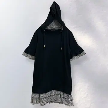 a484 ] FJER 프릴 절개 반팔 튜닉 후드티 스트라이프 귀여운 L