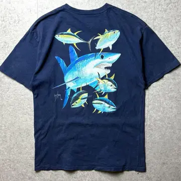 GuyHarvey 반팔 티셔츠 낚시 해양 아트 상어 참치 네이비