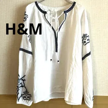 [택 포함 새상품] H&M 자수 면 거즈 화이트 블라우스 넉넉한 긴팔