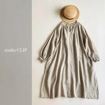 studio CLIP 린넨 100% 개더 오버 원피스