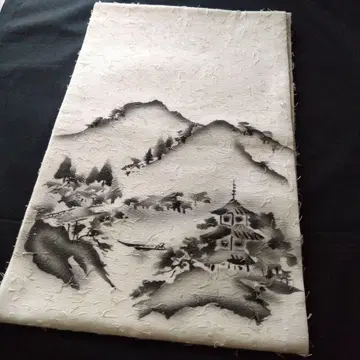 새상품 레어 히게츠무기 수묵화 나고야 오비 산과 강의 풍경 화이트 베이스
