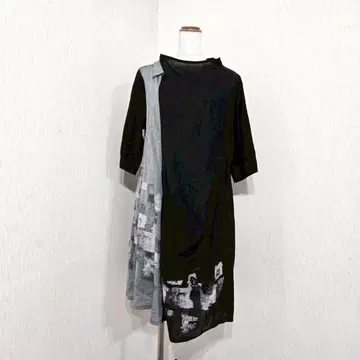 자우 모노톤 절개 코튼 튜닉 원피스 (40) 칠부 소매 모노톤