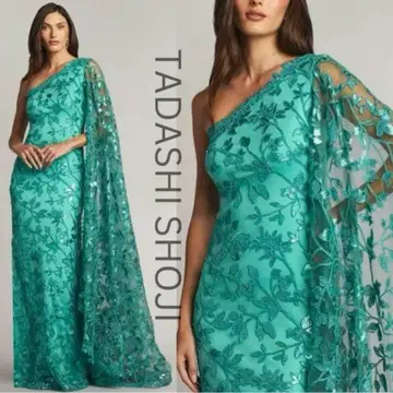 완판 TADASHI SHOJI 케이프 그린 원숄더 롱 드레스 연주회