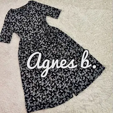 새상품급 Agnes b. 새, 꽃무늬 롱 원피스 5부 소매 블랙 S~M