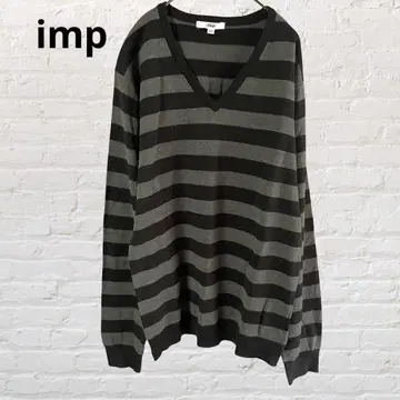 imp 긴팔 보더 티셔츠 V넥 티셔츠 블랙 그레이 L 구제 의류
