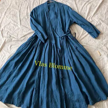Vlas Blomme 도비 직조 블루 그린 카슈쿨 원피스 새상품급