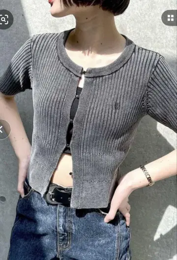 그레이 반팔 리브 니트 가디건
