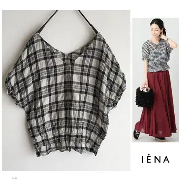 IENA [워셔블] 요철 주름 가공 셔링 숏 체크 블라우스
