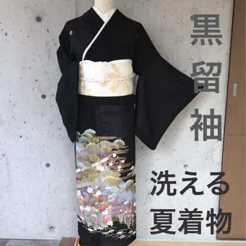 [ 여름 기모노 ] 화섬 검정색 토메소데 다섯 문양 겹옷 포함