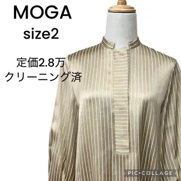 MOGA 브라이트 스트라이프 블라우스 베이지 모가 스탠드넥