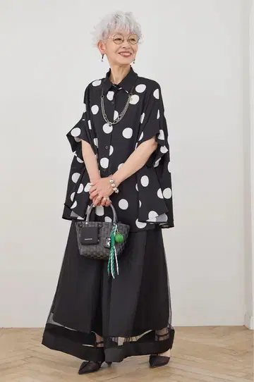 AIJAN 도트 돌먼 오버 셔츠 + 튤 레이어드 라인 와이드 팬츠