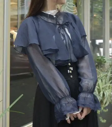 케이프 부착 라메 숏 블라우스