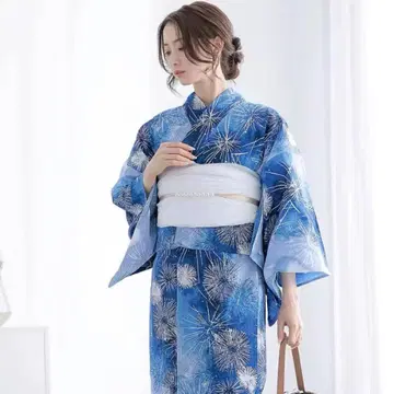 파란색 불꽃놀이 무늬 유카타 바스켓백 포함