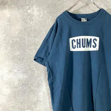 CHUMS 티셔츠 반팔 블루 로고 프린트 와펜 코튼 100%