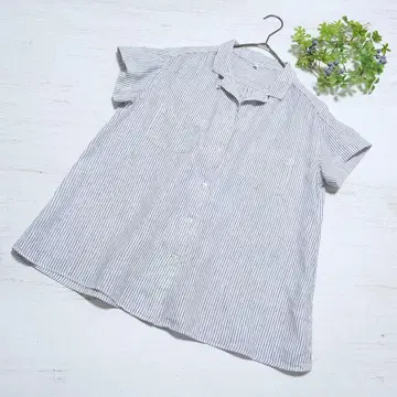 MUJI 무인양품 린넨 스트라이프 오픈 카라 셔츠 L