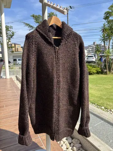 60s 빈티지 카우친 니트 무지 네이비 x 브라운 믹스 울 L-XL