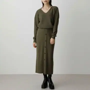 AZUL BY MOUSSY 앞뒤 V넥 니트 원피스/카키(S)