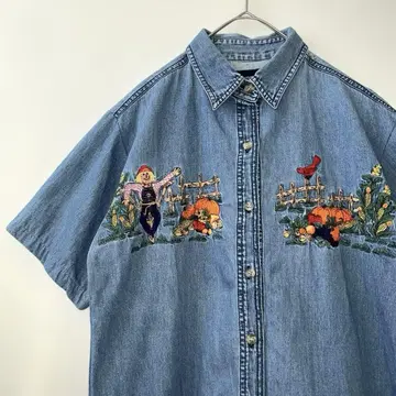 vintage 자수 허수아비와 야채 데님 셔츠 레트로 구제 의류