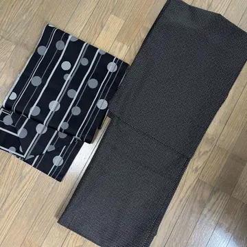 화학 섬유 기모노 블랙 화이트 도트 도트 오비 세트 블랙 화이트