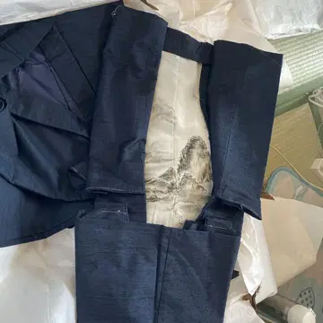 네이비 컬러 기모노 산수화 안감 부착 (앙상블)
