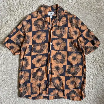 H&M 오픈 카라 반팔 셔츠 오렌지 꽃무늬 올 패턴