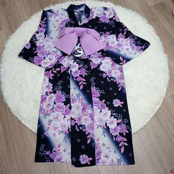 블랙 보라색 꽃무늬 유카타 오비 세트 여자