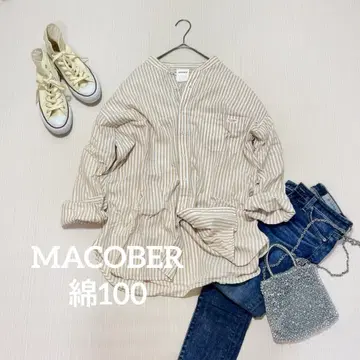 [새상품급] MACOBER 옷깃 없음 스트라이프 오버 셔츠 Free