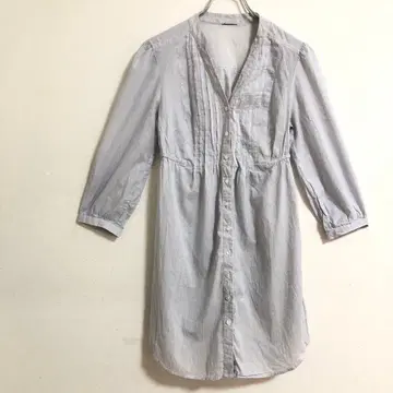 셔츠 원피스 노카라 스트라이프 화이트 x 블루 고급 여름 시원한 b41