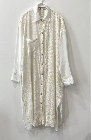 ZARA 레이스 셔츠 맥시 원피스 롱 골드 버튼 시어 L