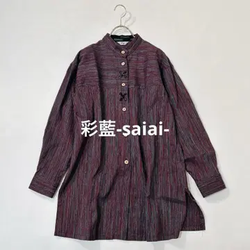 미야타 직물 사이아이 구루메가스리 재패니즈 모던 밴드 카라 튜닉 블라우스