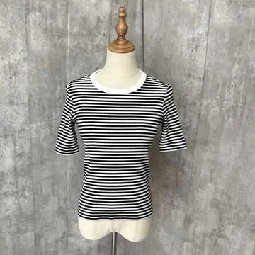 UNIQLO 리브 보더 크루넥 T 5부 소매 심플 스트레치 깔끔