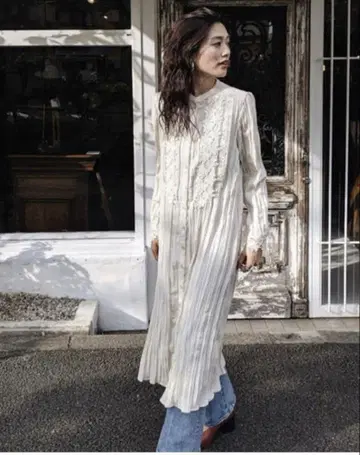 MOUSSY 레이스 원피스 플리츠 레이스 드레스 아이보리