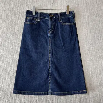 무인양품 다크 네이비 데님 타이트 스커트 무릎 기장 스트레치