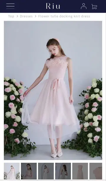 Flower tulle docking knit dress Riu 핑크