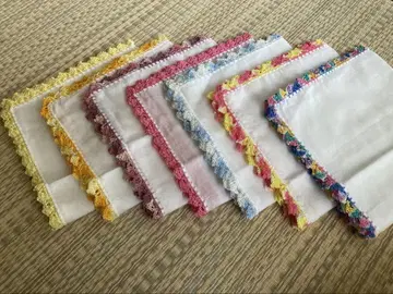 미사용 핸드메이드 레이스 손뜨개 거즈 손수건 7개 세트 35 x 35cm