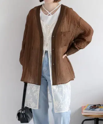 cepo 세포 와셔 V넥 시어 셔츠 블라우스 브라운