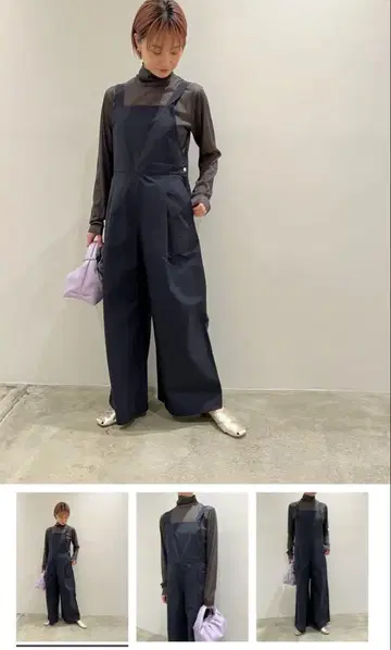 네이비 코튼 오버롤 와이드 레그