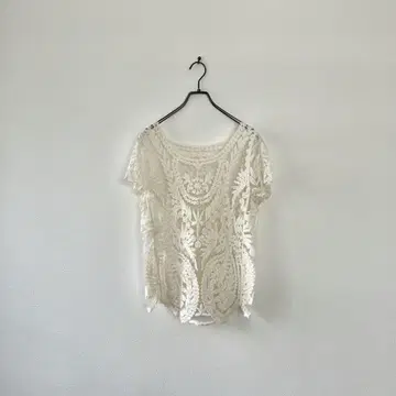 구제 레이스 티셔츠 시어 시스루 프렌치 슬리브 화이트 레트로 M