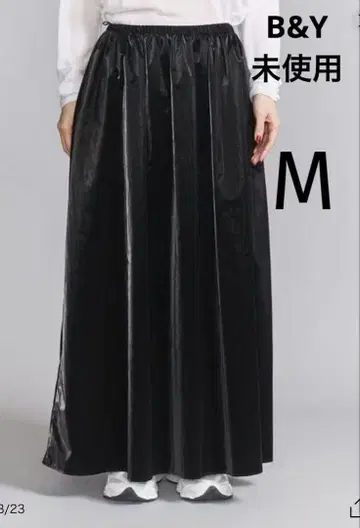 미사용 B&Y 나일론 코팅 개더 플레어 스커트 블랙 M