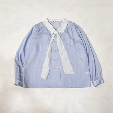 빈티지 레트로 보타이 더블 옷깃 더블 버튼 블라우스 블루